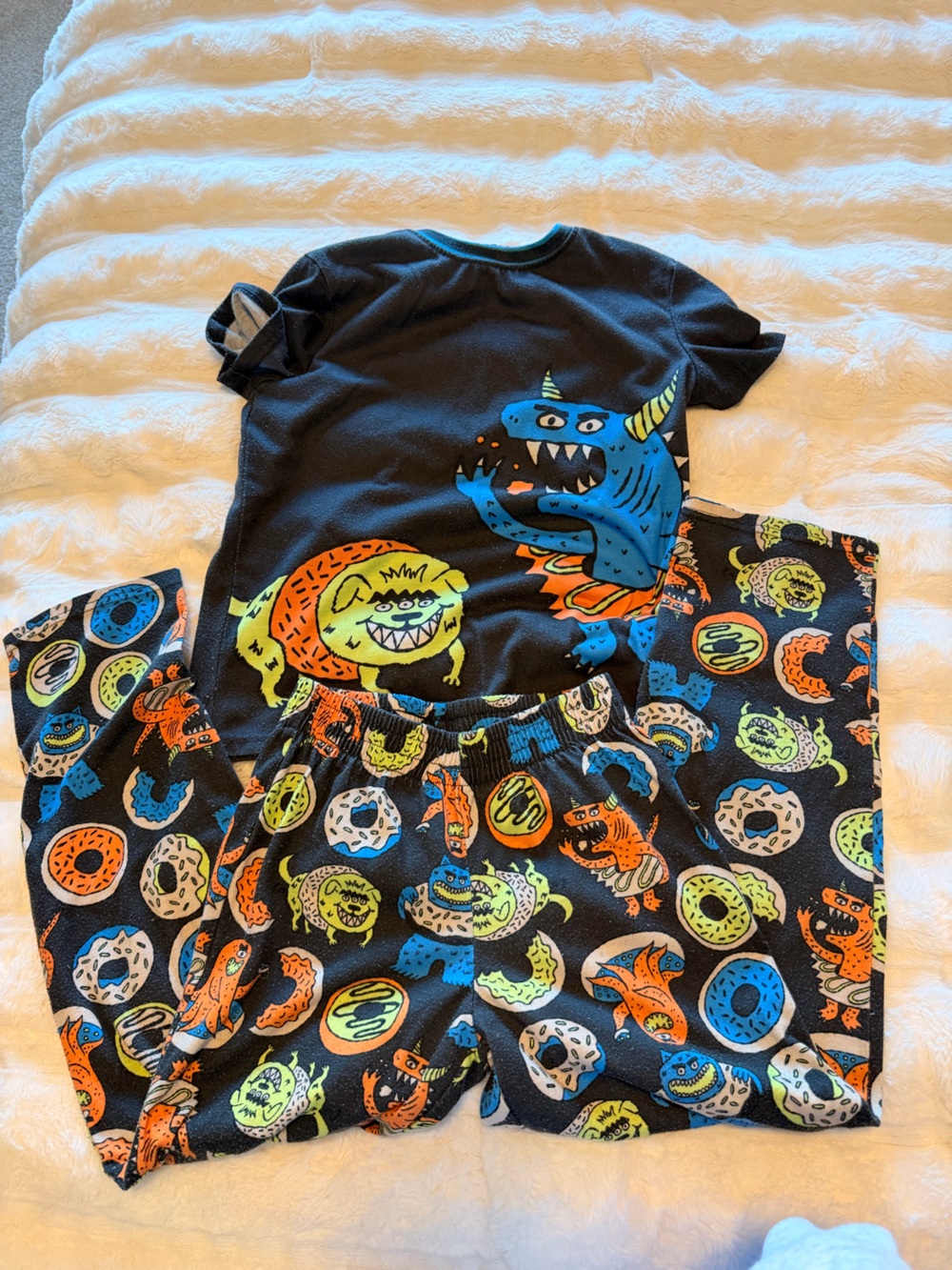 Kids Black Monster Print Pajama Top and Bottom Set